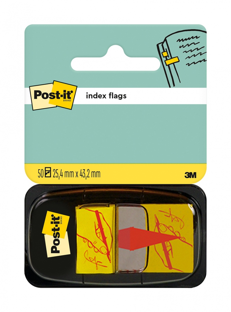 334256-19931-zakladki_indeksujace_post_it_z_nadrukiem_reka-800w Zakładki indeksujące POST-IT® z nadrukiem „ręka+ołówek” (680-31), PP, 25,4x43,2mm, 50 kart. - obrazek 1