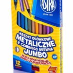 Kredki ołówkowe trójkątne metaliczne jumbo z czarnego drewna ASTRA - 12 kolorów z temperówką