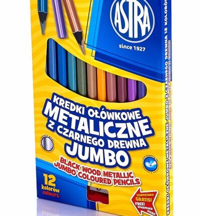 Kredki ołówkowe trójkątne metaliczne jumbo z czarnego drewna ASTRA - 12 kolorów z temperówką