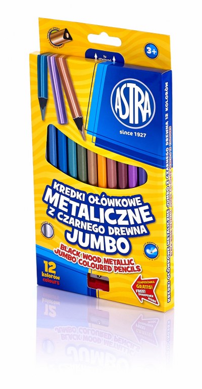 Kredki ołówkowe trójkątne metaliczne jumbo z czarnego drewna ASTRA - 12 kolorów z temperówką Kredki ołówkowe trójkątne metaliczne jumbo z czarnego drewna ASTRA - 12 kolorów z temperówką - obrazek 1