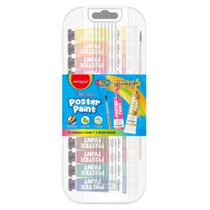 Farby plakatowe KEYROAD, 12x12ml, pędzelek gratis, mix kolorów metalicznych i neonowych