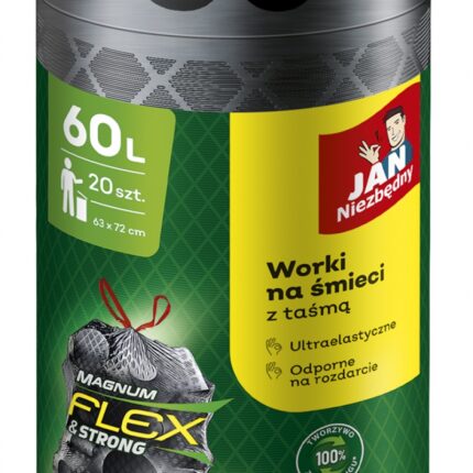 Worki na śmieci JAN NIEZBĘDNY, magnum flex, z taśmą, 60l, 20szt., szare