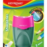 Temperówka plastikowa KEYROAD, nietłukąca, podwójna, z pojemnikiem, blister, mix kolorów