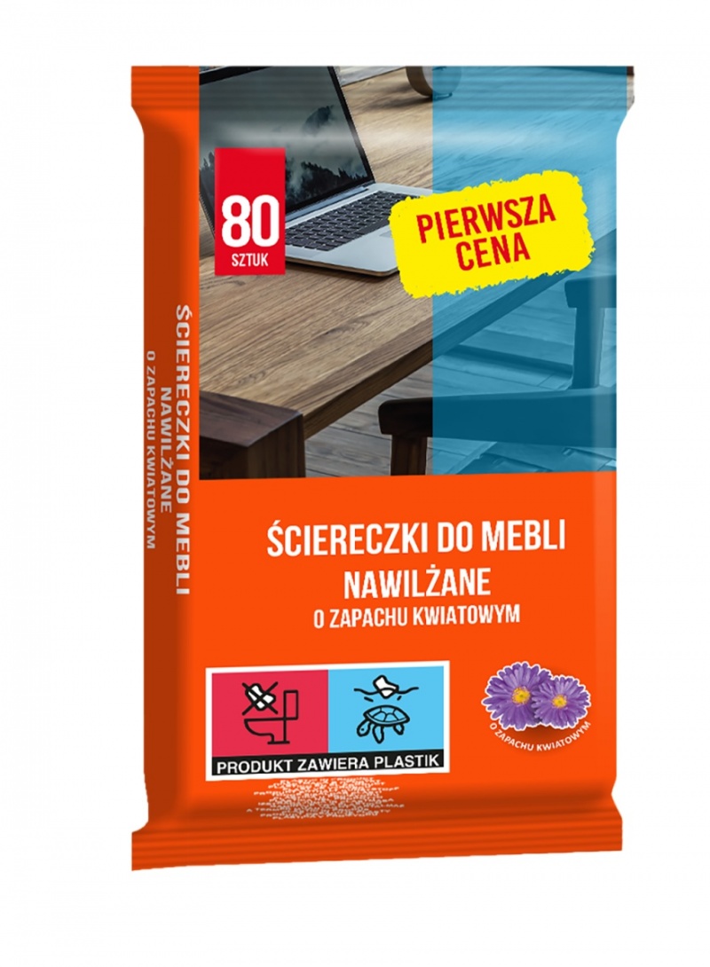 367310-220014-sciereczki_nawilzane_pierwsza_cena_do_mebli_-800w Ściereczki nawilżane PIERWSZA CENA, do mebli, zapach kwiatowy, 80 szt., białe - obrazek 1