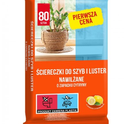 Ściereczki nawilżane PIERWSZA CENA, do szyb i luster, zapach cytrynowy, 80 szt., białe
