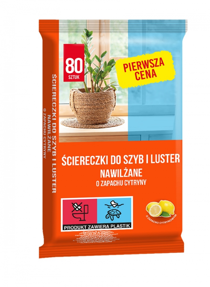 367311-220013-sciereczki_nawilzane_pierwsza_cena_do_szyb_i-800w Ściereczki nawilżane PIERWSZA CENA, do szyb i luster, zapach cytrynowy, 80 szt., białe - obrazek 1