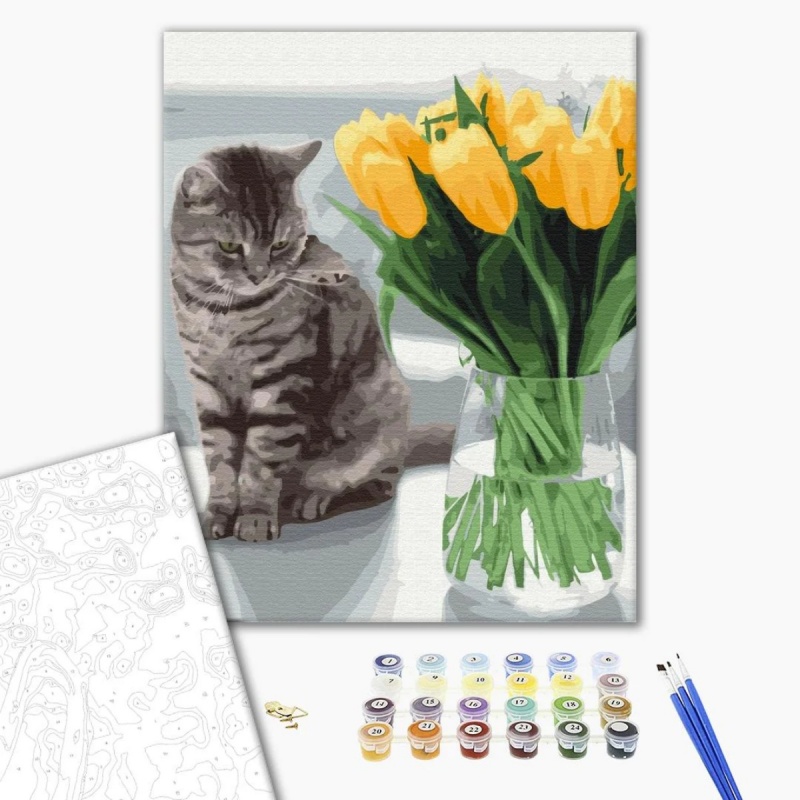 368212-388603-malowanie_po_numerach_brushme_40x50_cm_kot_z-800w Malowanie po numerach BRUSHME, 40x50 cm, kot z tulipanami, 1 szt., w pudełku - obrazek 1