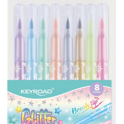 Flamastry KEYROAD Fiber Marker Glitter, zakończone pędzelkiem, brokatowe, 8 szt., mix kolorów pastelowych