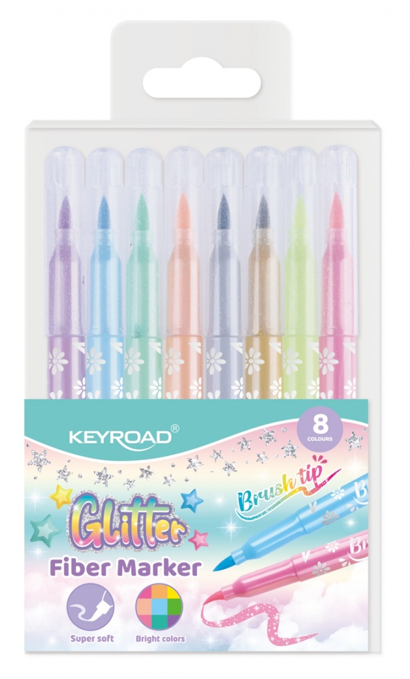 368374-388584-flamastry_keyroad_fiber_marker_glitter_zakon-800w Flamastry KEYROAD Fiber Marker Glitter, zakończone pędzelkiem, brokatowe, 8 szt., mix kolorów pastelowych - obrazek 1