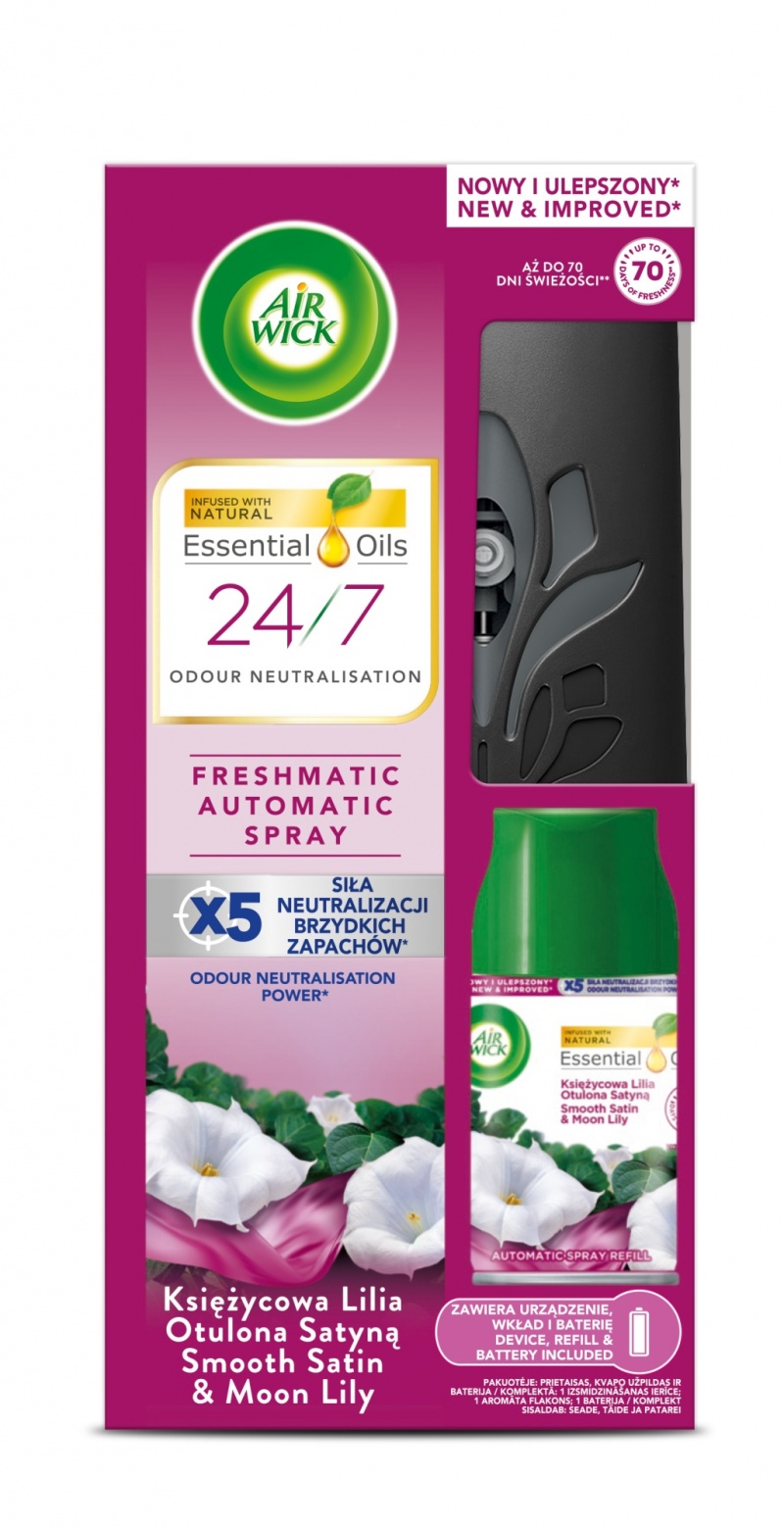 375840-391017-automatyczny_odswiezacz_powietrza_air_wick_f-800w-1 Automatyczny odświeżacz powietrza AIR WICK FRESHMATIC komplet z wkładem, księżycowa lilia otulona satyną, 250 ml - obrazek 1