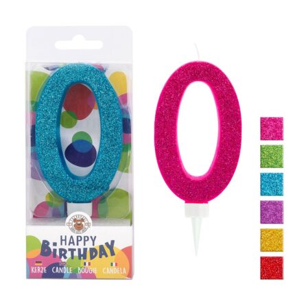 Świeczka urodzinowa TRENDHAUS Birthday Fun maxi, brokatowa, cyfra 0, mix kolorów (opakowanie 6 szt.)