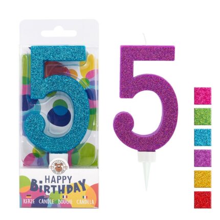 Świeczka urodzinowa TRENDHAUS Birthday Fun maxi, brokatowa, cyfra 5, mix kolorów (opakowanie 6 szt.)