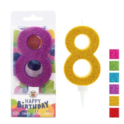 Świeczka urodzinowa TRENDHAUS Birthday Fun maxi, brokatowa, cyfra 8, mix kolorów (opakowanie 6 szt.)
