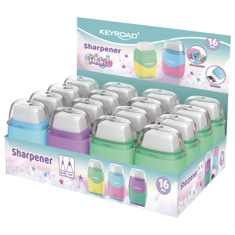 379665-350443-temperowka_plastikowa_z_gumka_keyroad_pastel-800w Temperówka plastikowa z gumką KEYROAD, pastel, podwójna, pudełko, mix kolorów - obrazek 1