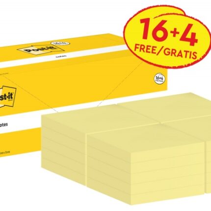 Karteczki samoprzylepne POST-IT® (654CY-VP20), 76x76mm, 100 kart./bloczek, 16 + 4 bloczki GRATIS, kanarkowo żółte