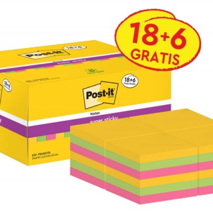 Karteczki samoprzylepne POST-IT® Super Sticky (622-P24SSCOL), 47,6x47,6mm, 90 kart./bloczek, 18 + 6 bloczków GRATIS, mix kolorów