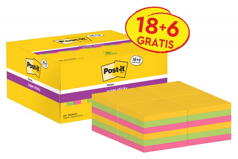 387446-71686-karteczki_samoprzylepne_post_it_super_sticky_-800w Karteczki samoprzylepne POST-IT® Super Sticky (622-P24SSCOL), 47,6x47,6mm, 90 kart./bloczek, 18 + 6 bloczków GRATIS, mix kolorów - obrazek 1