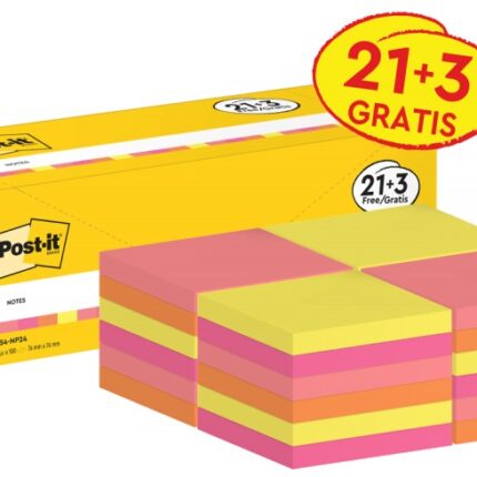 Karteczki samoprzylepne POST-IT® (654-NP24), 76x76mm, 100 kart./bloczek, 21 + 3 bloczki GRATIS, mix kolorów neonowych