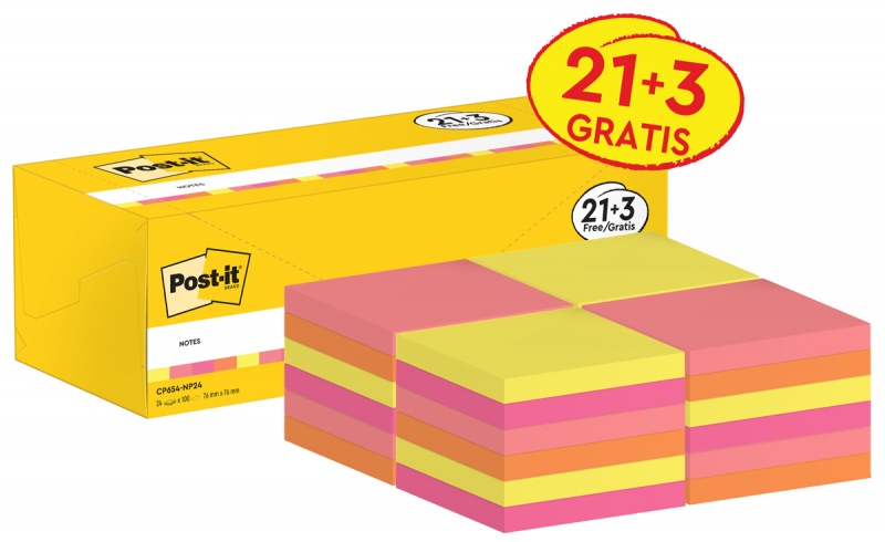 387462-194727-karteczki_samoprzylepne_post_it_654_np24_76x-800w Karteczki samoprzylepne POST-IT® (654-NP24), 76x76mm, 100 kart./bloczek, 21 + 3 bloczki GRATIS, mix kolorów neonowych - obrazek 1