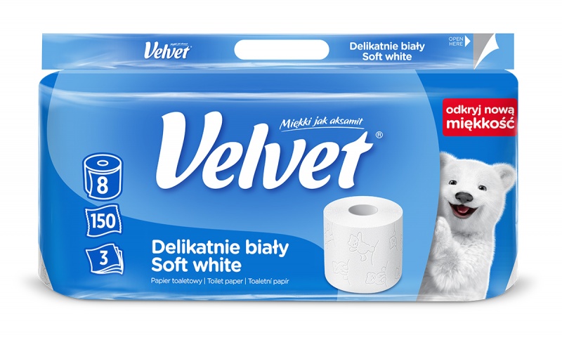 394904-69715-papier_toaletowy_celulozowy_velvet_delikatnie-800w Papier toaletowy celulozowy VELVET Delikatnie Biały, 3-warstwowy, 150 listki, 8szt., biały - obrazek 1