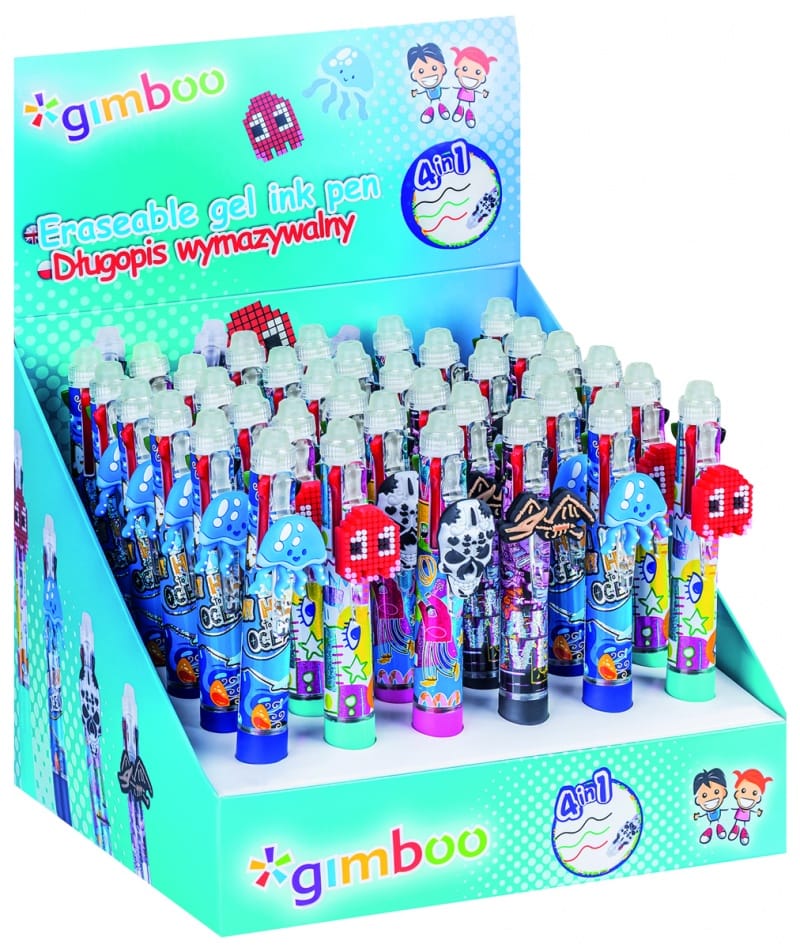 396915-408943-dlugopis_wymazywalny_gimboo_4w1_zelowy_pakow-800w Długopis wymazywalny GIMBOO 4w1, żelowy, pakowany w displayu, mix kolorów/wzorów - obrazek 1