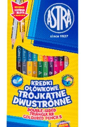 Kredki ołówkowe trójkątne dwustronne ASTRA - 12=24 kolory z temperówką - złota i srebrna kredka w komplecie