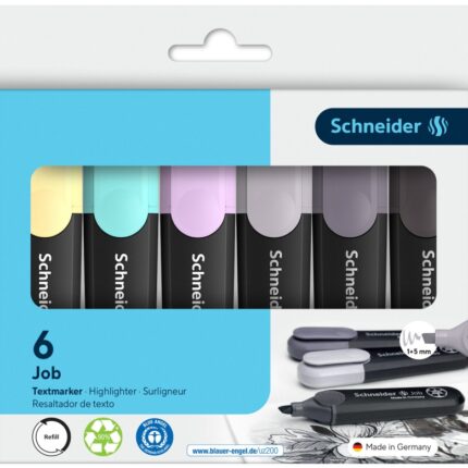 Zestaw zakreślaczy SCHNEIDER Job Pastel Grey, 1-5 mm, 6 szt., pudełko z zawieszką, mix kolorów