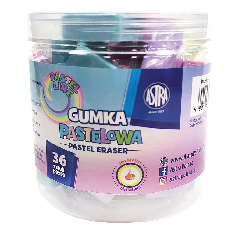 Gumka kwadratowa pastelowa ASTRA PASTEL LINE - 36 szt. drum Gumka kwadratowa pastelowa ASTRA PASTEL LINE - 36 szt. drum - obrazek 1
