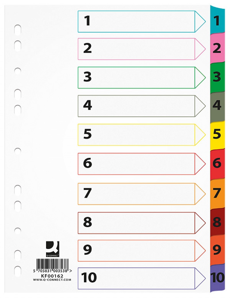 71359-16751-przekladki_q_connect_mylar_karton_a4_225x297mm-800w Przekładki Q-CONNECT Mylar, karton, A4, 225x297mm, 1-10, 10 kart, lam. indeks, mix kolorów - obrazek 1