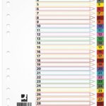 Przekładki Q-CONNECT Mylar, karton, A4, 225x297mm, 1-31, 31 kart, lam. indeks, mix kolorów