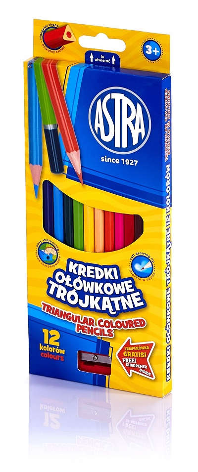 Kredki ołówkowe trójkątne ASTRA - 12 kolorów z temperówką Kredki ołówkowe trójkątne ASTRA - 12 kolorów z temperówką - obrazek 1