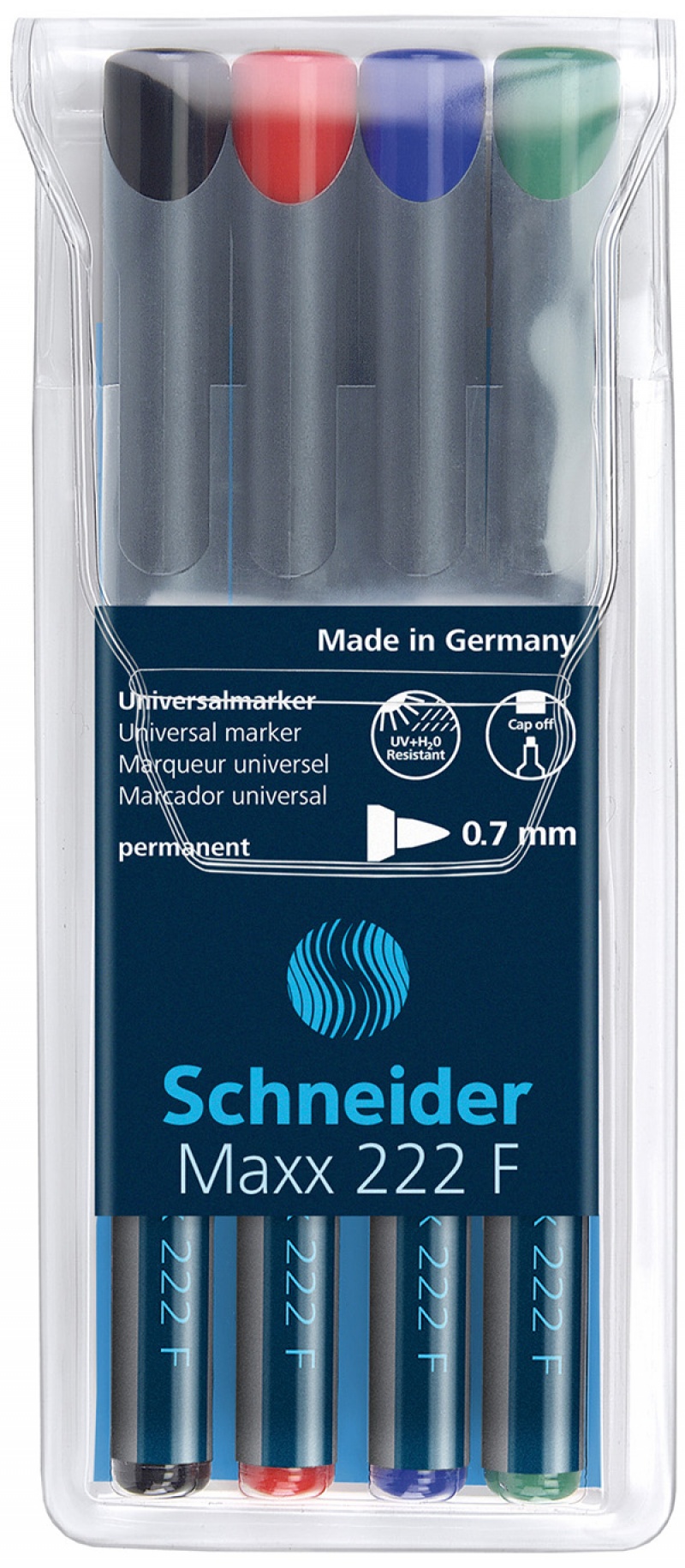 81693-24033-zestaw_markerow_uniwersalnych_schneider_maxx_2-800w Zestaw foliopisów permanentnych SCHNEIDER Maxx 222, F, 0,7mm, 4 szt., miks kolorów - obrazek 1