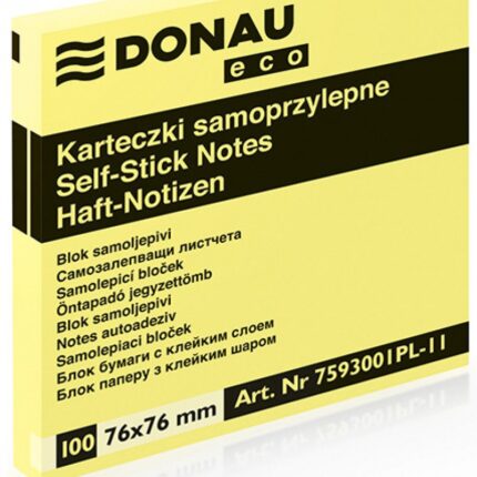 Bloczek samoprzylepny DONAU Eco, 76x76mm, 1x100 kart., jasnożółty (opakowanie 12 szt.)