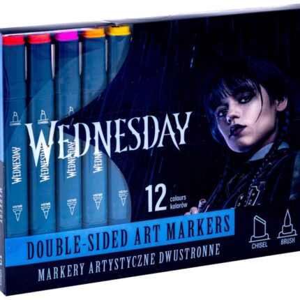 Markery artystyczne trójkątne dwustronne WEDNESDAY - 12 kolorów - pędzelkowa i ścięta końcówka - PET box