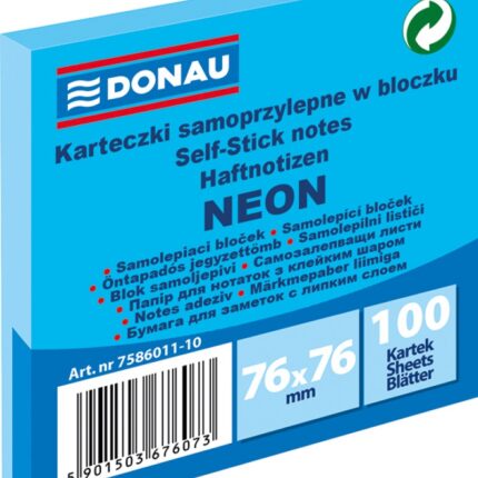 Bloczek samoprzylepny DONAU, 76x76mm, 1x100 kart., neon, niebieski