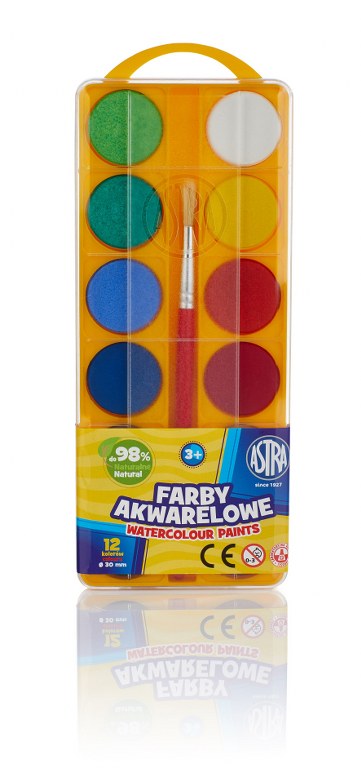 Farby akwarelowe Astra 12 kol - fi 30,0 mm z eurozawieszką Farby akwarelowe Astra 12 kol - fi 30,0 mm z eurozawieszką - obrazek 1