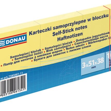 Bloczek samoprzylepny DONAU, 38x51mm, 1x100 kart., jasnożółty (opakowanie 36 szt.)