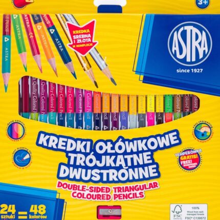 Kredki ołówkowe trójkątne dwustronne ASTRA - 24=48 kolorów z temperówką - złota i srebrna kredka w komplecie