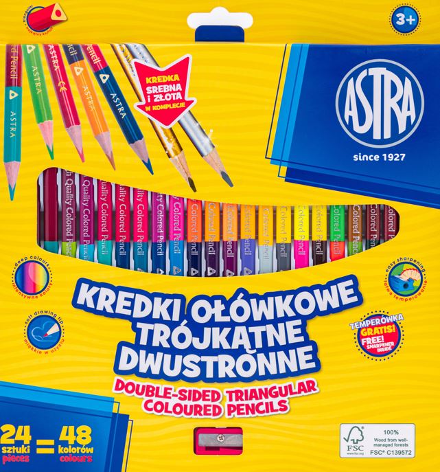 Kredki ołówkowe trójkątne dwustronne ASTRA - 24=48 kolorów z temperówką - złota i srebrna kredka w komplecie Kredki ołówkowe trójkątne dwustronne ASTRA - 24=48 kolorów z temperówką - złota i srebrna kredka w komplecie - obrazek 1