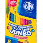 Kredki ołówkowe trójkątne jumbo ASTRA - 12 kolorów z temperówką, tęczowa kredka w komplecie