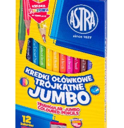 Kredki ołówkowe trójkątne jumbo ASTRA - 12 kolorów z temperówką, tęczowa kredka w komplecie