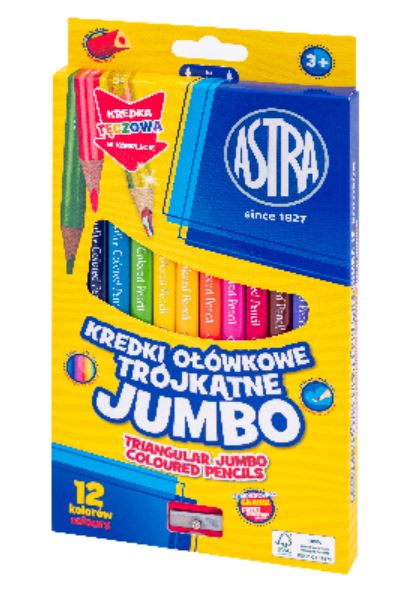 Kredki ołówkowe trójkątne jumbo ASTRA - 12 kolorów z temperówką, tęczowa kredka w komplecie Kredki ołówkowe trójkątne jumbo ASTRA - 12 kolorów z temperówką, tęczowa kredka w komplecie - obrazek 1