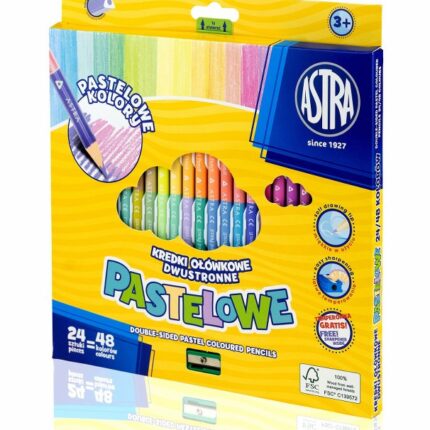 Kredki ołówkowe trójkątne dwustronne pastelowe ASTRA PASTEL LINE - 24=48 kolorów z temperówką