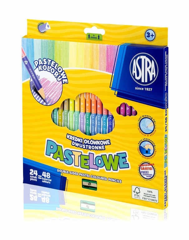 Kredki ołówkowe trójkątne dwustronne pastelowe ASTRA PASTEL LINE - 24=48 kolorów z temperówką Kredki ołówkowe trójkątne dwustronne pastelowe ASTRA PASTEL LINE - 24=48 kolorów z temperówką - obrazek 1