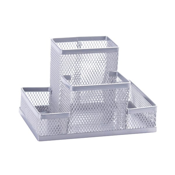 PRZYBORNIK-NA-BURKO-SREBRNY-4-KOMOROWY.Wymiar-100x100x150mm.-3685871751130- Przybornik na biurko Q-CONNECT Office Set, metalowy, 4 komory, srebrny - obrazek 1