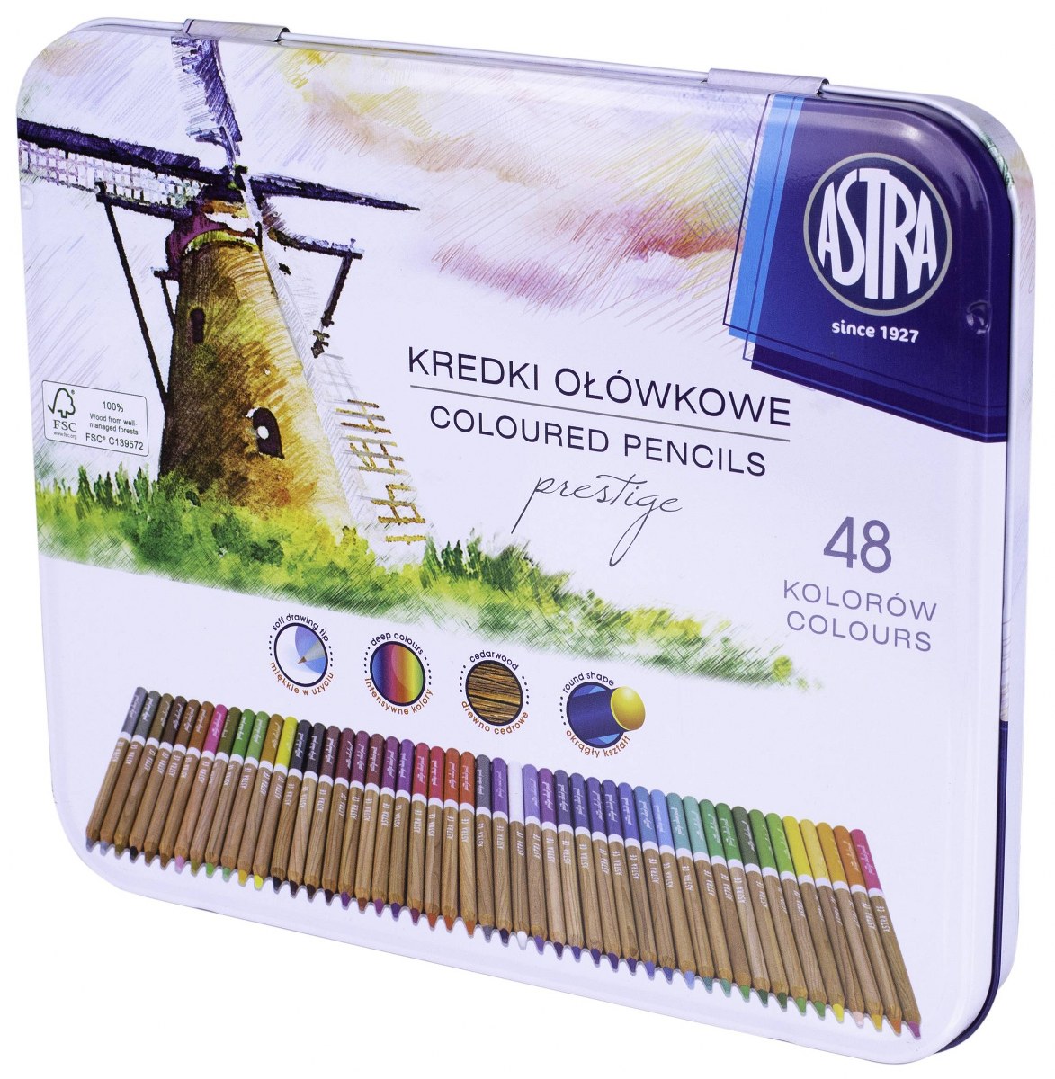 Kredki ołówkowe z drewna cedrowego okrągłe w metalowym pudełku ASTRA PRESTIGE - 48 kolorów Kredki ołówkowe z drewna cedrowego okrągłe w metalowym pudełku ASTRA PRESTIGE - 48 kolorów - obrazek 1
