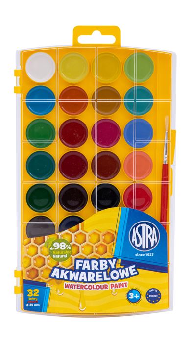 Farby akwarelowe Miodowe Astra 32 kol - fi 25mm z eurozawieszką Farby akwarelowe Miodowe Astra 32 kol - fi 25mm z eurozawieszką - obrazek 1