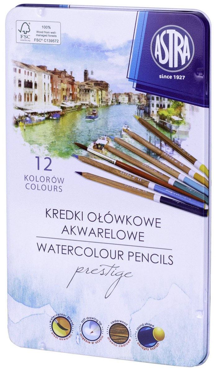 Kredki akwarelowe z drewna cedrowego okrągłe w metalowym opakowaniu ASTRA PRESTIGE - 12 kolorów Kredki akwarelowe z drewna cedrowego okrągłe w metalowym opakowaniu ASTRA PRESTIGE - 12 kolorów - obrazek 1