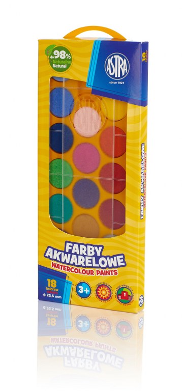 Farby akwarelowe Astra 18 kol - fi 23,5 mm w pudełku Farby akwarelowe Astra 18 kol - fi 23,5 mm w pudełku - obrazek 1