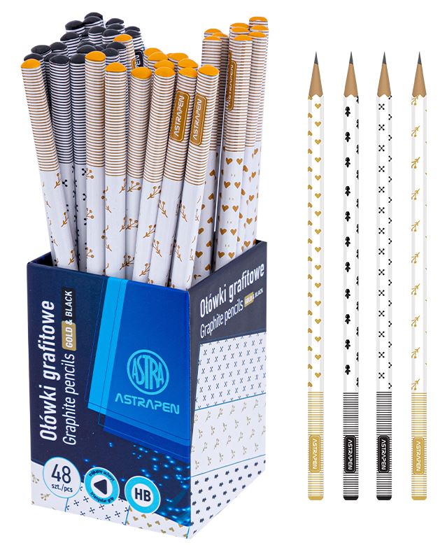 Ołówki grafitowe trójkątne HB ASTRAPEN - Gold and Black - 48 szt. drum Ołówki grafitowe trójkątne HB ASTRAPEN - Gold and Black - 48 szt. drum - obrazek 1